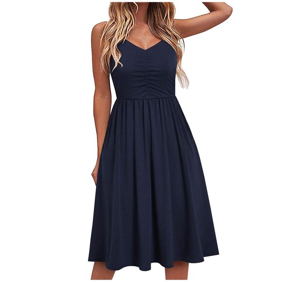 Pisexur Womens Cotton Linen Dresses Solid Color V Neck Midi Dress Spaghetti Strap Mini Dress Summer Casual Tunic Sundresses Sleeveless Pleated Knee Length Dress Fashion Flowy Beach Dresses