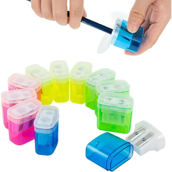 Assorted Colors Manual Pencil Sharpeners, 12 Pack Non-Toxic Transparent Plastic, Easy to Clean with Side Lid for Emptying Shavings, Portable and Wide Use for Schools, Offices,
