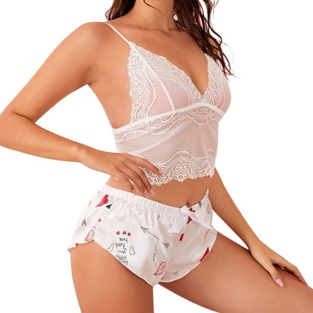 

New Womens Pajamas Set Women Lingerie Lace Pajamas Set 2 Piece Set Cami Shorts Nightwear