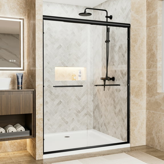 50"-54"W x 72"H Matte Black Aluminum Frame Double Sliding Shower Door,1/4"(6mm)Clear Tempered Glass w/Explosion-proof Film,Dual Stainless Steel Handles