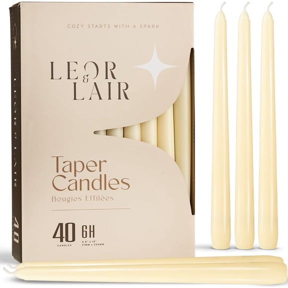 Leor & Lair Ivory Taper Candles - 40 Pack 10" Cream Candlesticks for Home, Holiday, Wedding
