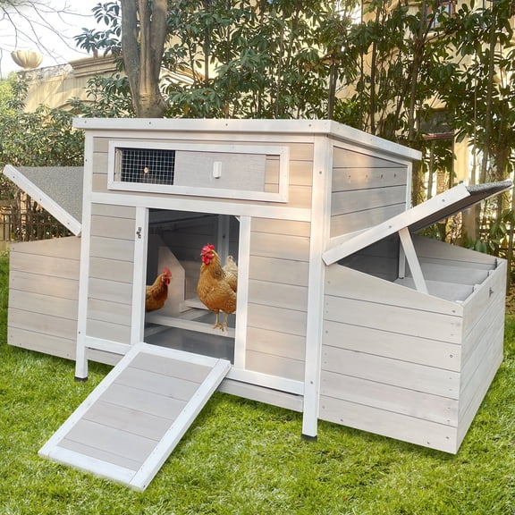 Chicken Coop with 6 Nesting Boxes, 58" L Chicken Coops for 4-6 Chickens, Outdoor Chicken Coop with Leakproof Pull-on Tray, and Asphalt Waterproof Roof