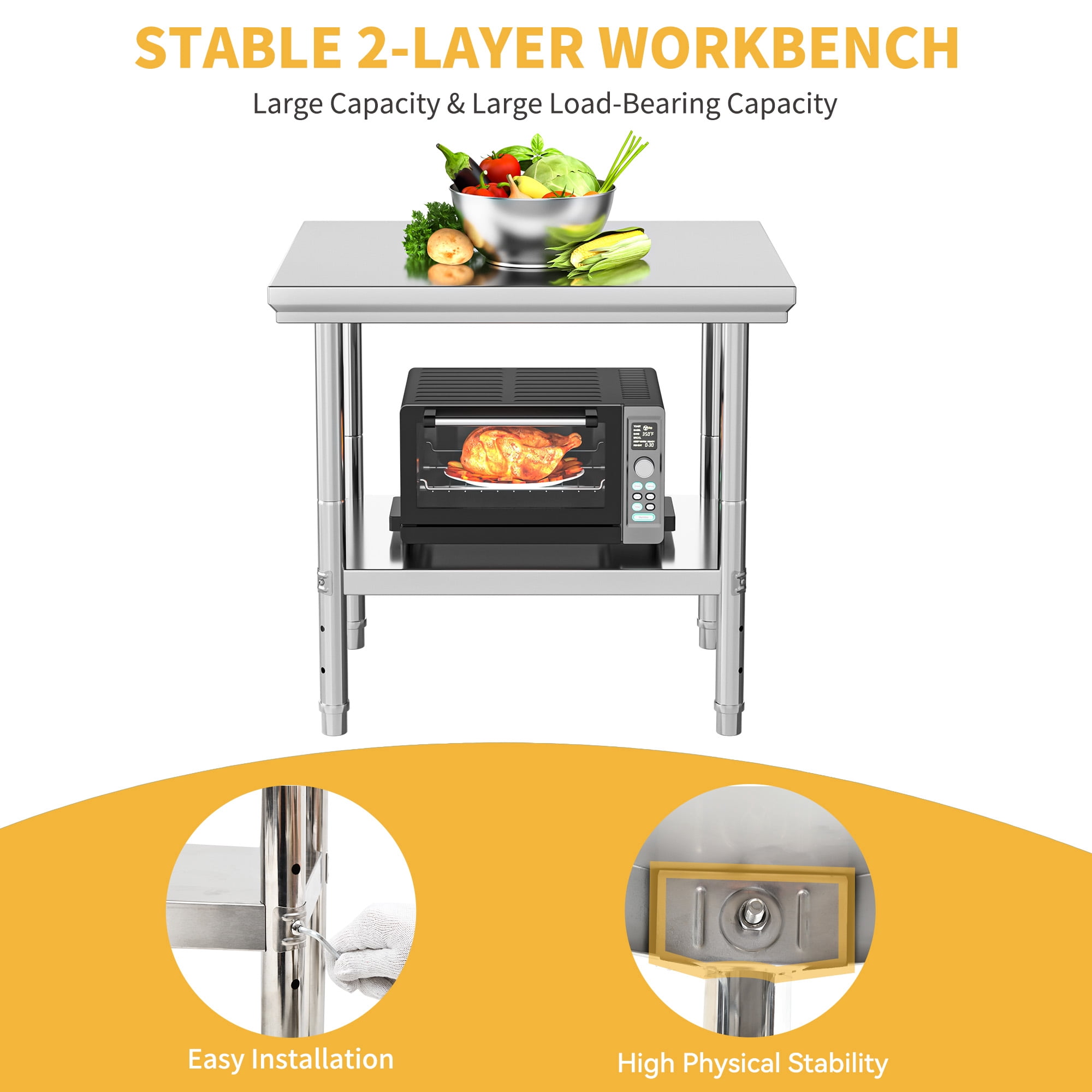 Uforic Stainless Steel Work Table, 30x24 Inch, NSF Certified, Adjustable Shelf, High Load Capacity, Commercial Metal Prep Table