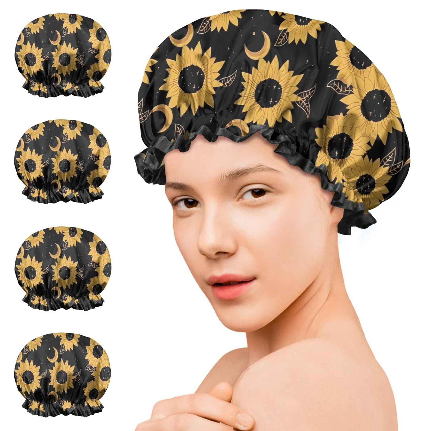 Shower Caps,Black Moon Sunflower Pattern Waterproof Shower Cap for Women 4 Pieces,Double Reusable Hair Cover for Shower PEVA Elastic Stretch Hem