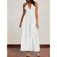 thumbnail image 5 of OYOANGLE Women's Tie Backless Halter V Neck Dress Ruched Bow Knot Flowy Maxi Dresses White S, 5 of 5