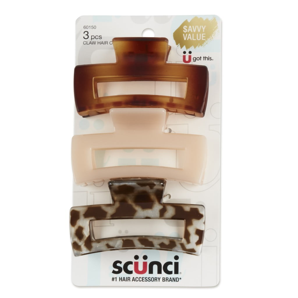 Scunci Open Cut Rectangular Claw Clips, Assorted Neutrals, 3 Ct