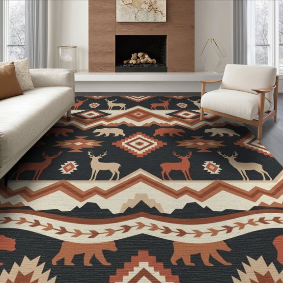 ODIKA 8'x10' Washable Area Rug Non-Slip Chair-Friendly Mat Livingroom Neutral Wildlife Cabin Border Large Southwestern Motif Playful for Dining Room, Office, Lounge