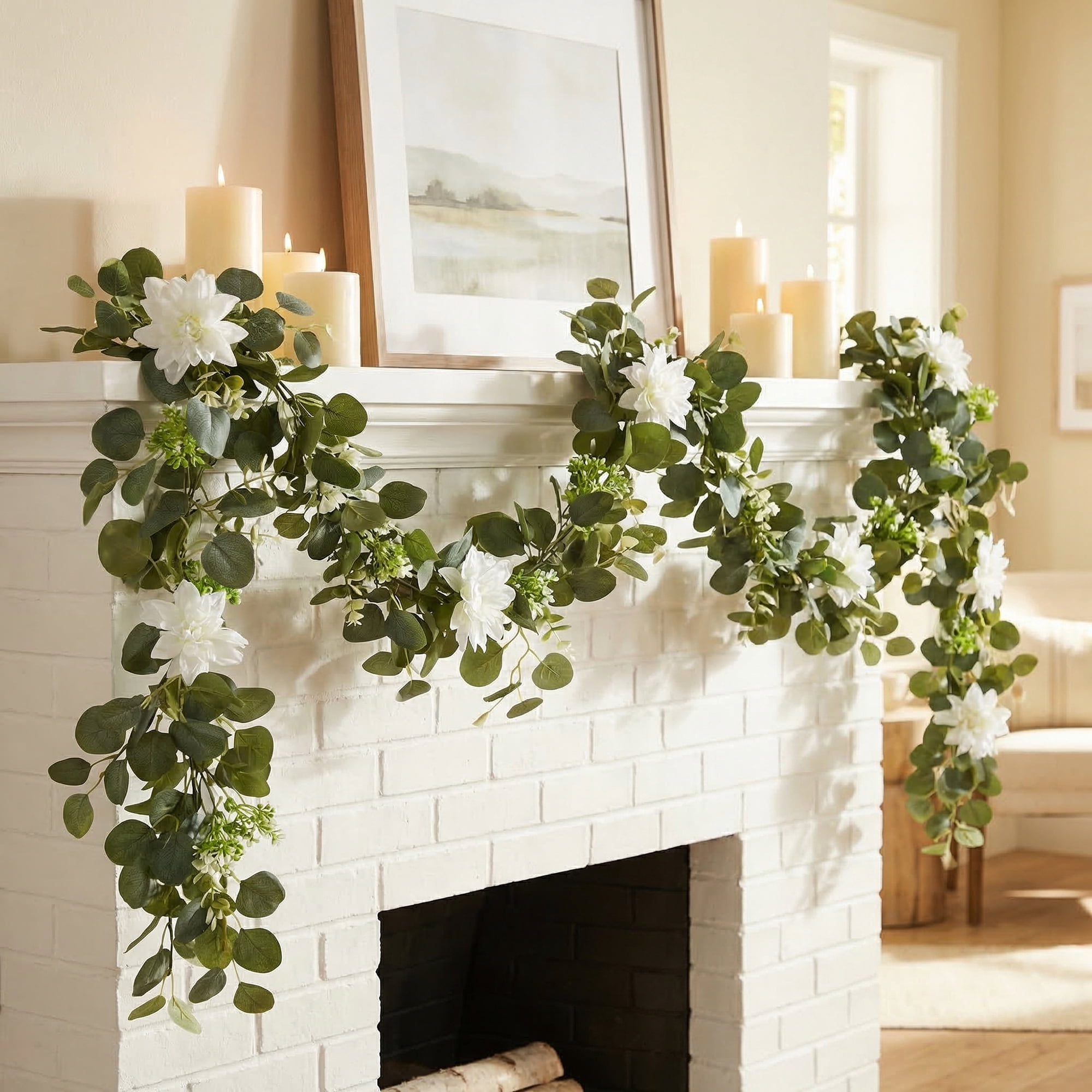 Unique Bargains Artificial Eucalyptus Garland Faux Greenery Vine Beige Flower 71inch