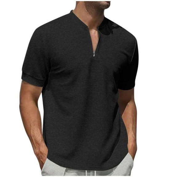 USNSM Mens Henley Shirts Short Sleeve Casual T-Shirt Summer Solid Color Lightweight Collarless Work Outdoor Golf Shirts Black M