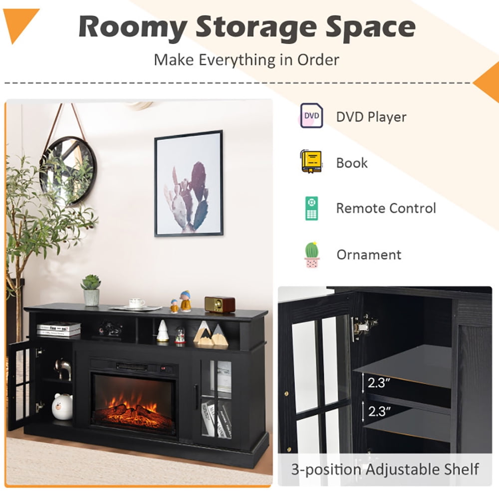 Finihen TV Stand, TV Cabinet, Fireplace TV Stand for TVs Up to 65 Inch with Side Cabinets and Remote Control, for Living Room, Bedroom, Black