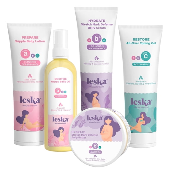 Leska Complete Maternity Set of 5 | PREPARE Belly Lotion, SOOTHE Belly Oil, HYDRATE Stretch Mark Cream & Butter, RESTORE Toning Gel | Pregnancy & Postpartum | New Mom Gift (Set of 5, 4-4.93oz each)