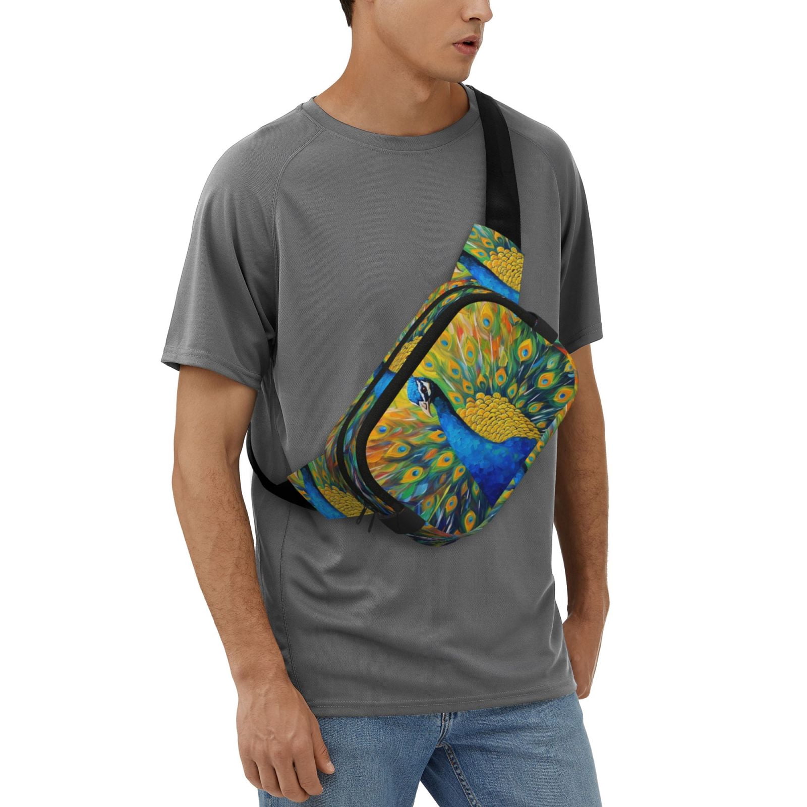 Picia Peacocks Print Square Double-Layer Waist Bag Mini Adjustable Waist Belt Bag Exercise Running Travel Hiking