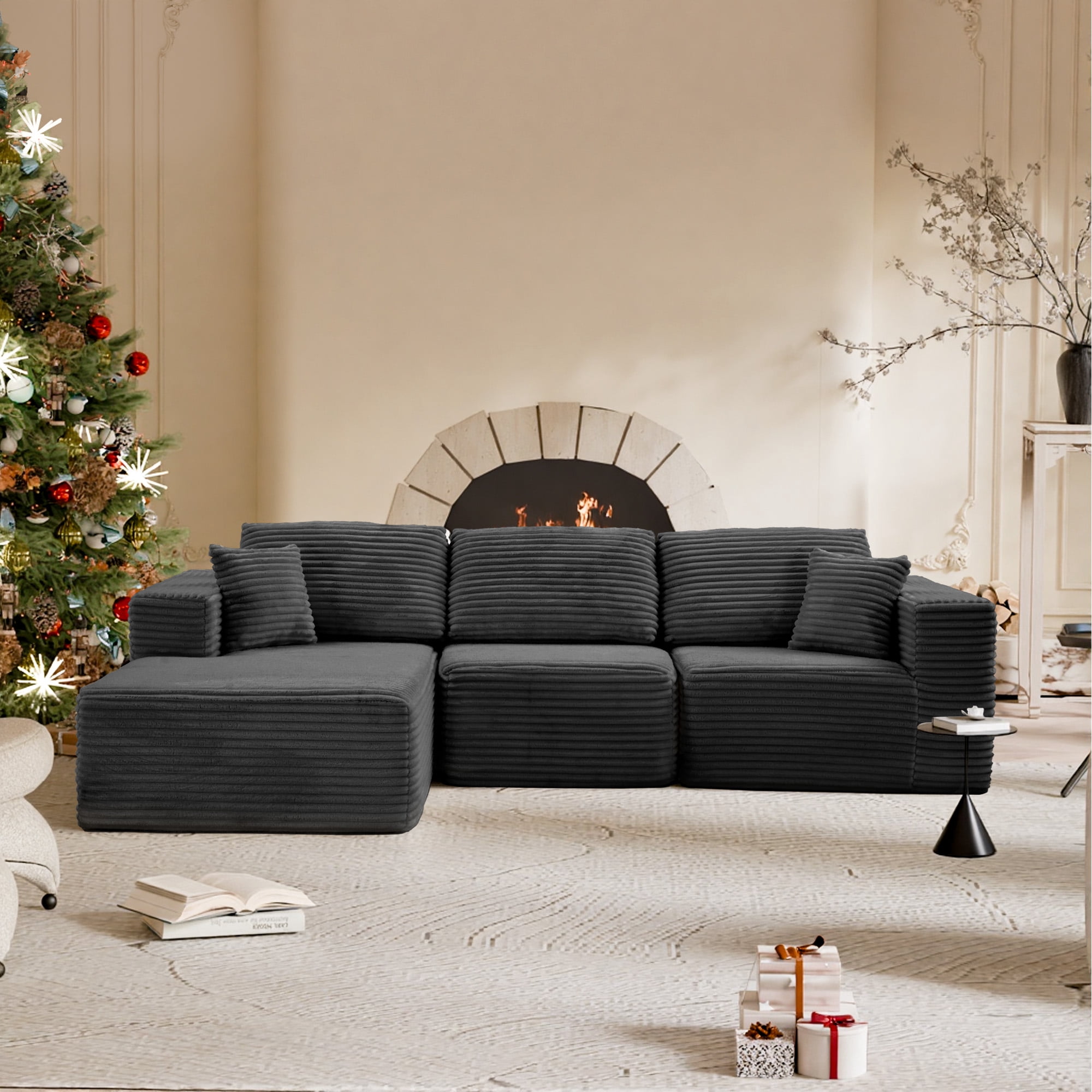 MAYEERTY Modern Corduroy Modular Sectional Sofa - Boneless Couch for Apartments & Studios, 104"W x 67"D Gray