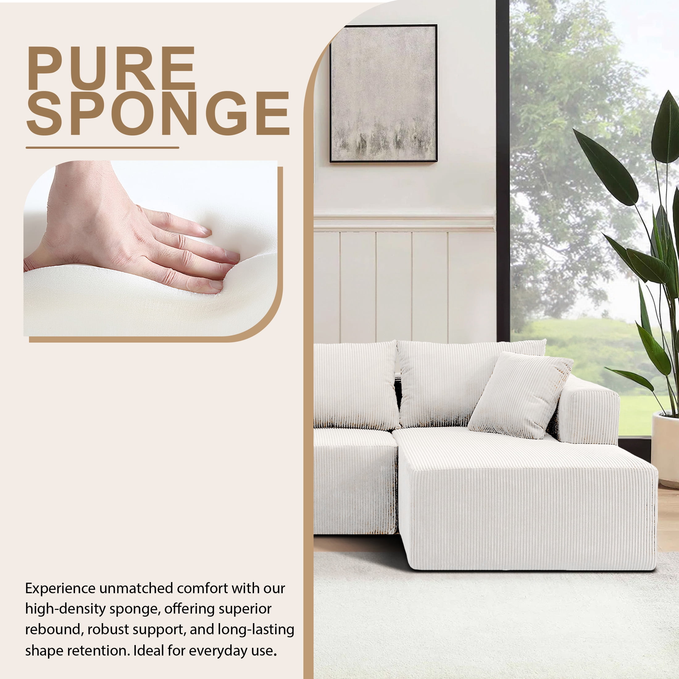 AENKYO 104'' Modular L-Shape Sectional Sofa with Chaise, Comfy Deep-Seat Cloud-Couch, Corduroy - White