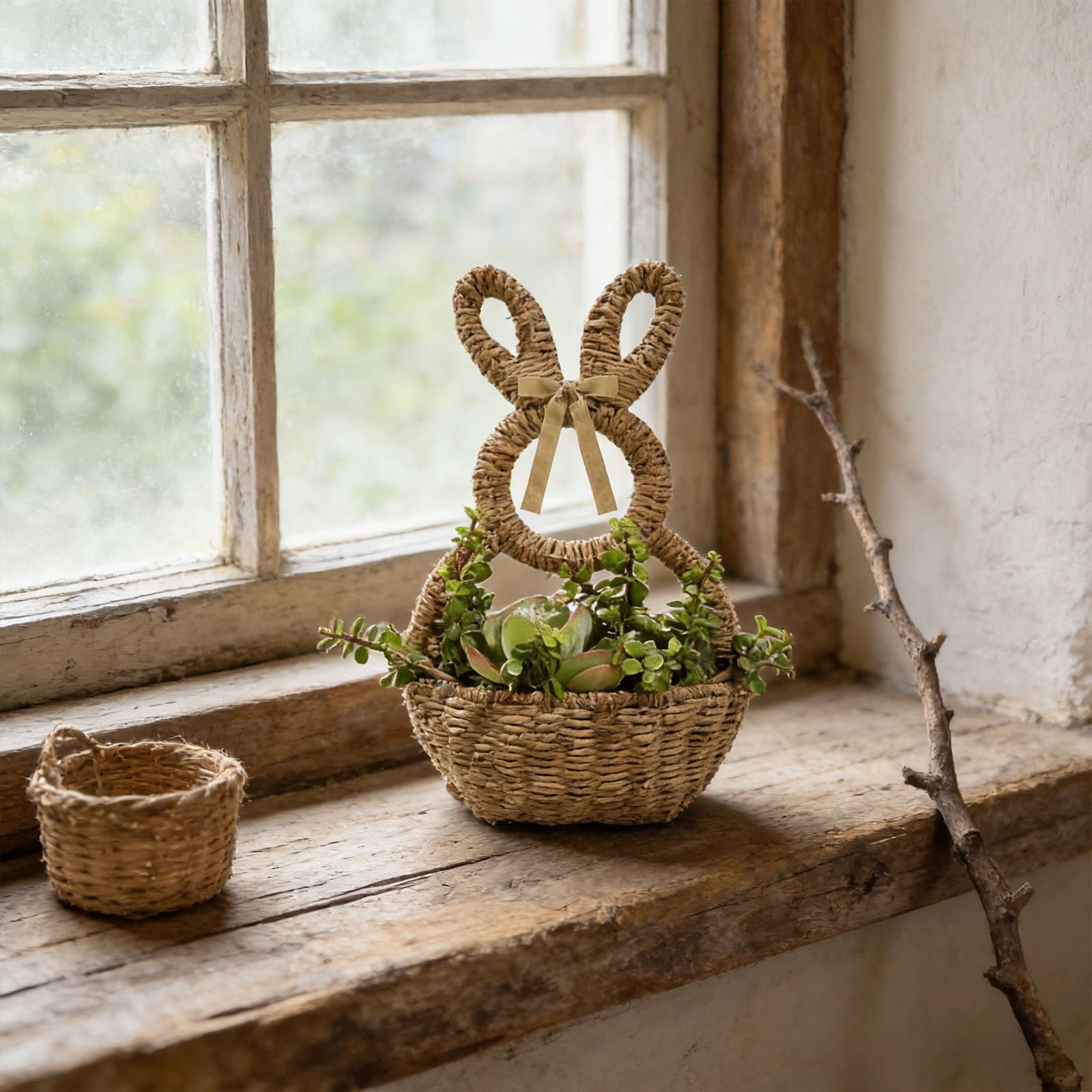 ERTZAE Natural Rope Woven Craft,Durable Natural Rope Woven Basket,Easter Bunny Design Planter,Festive Holiday Decoration,Beige Rope Woven Bunny Flower Basket 16x8Inch,Easter Planter & Storage Decor