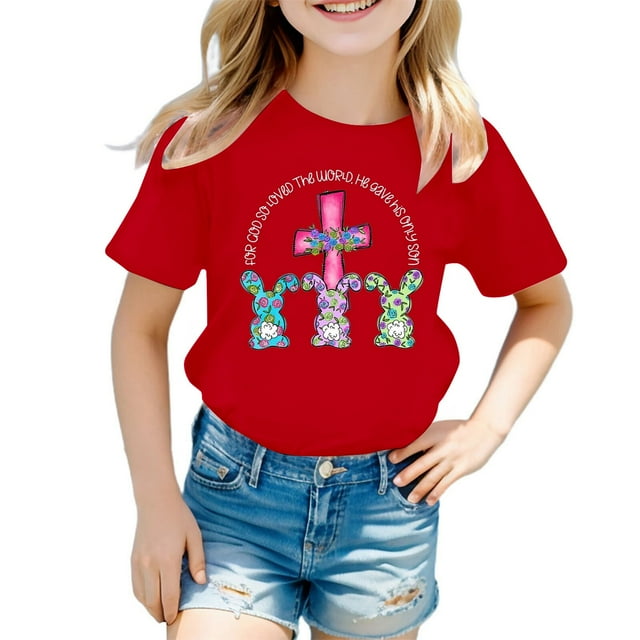 LUOGENLI T-Shirt pour Filles Enfants Été Chaud Imprimé T-Shirt Filles Mignon Imprimé Pâques Manches Courtes T-Shirt Maxi avec Fente pour Filles Rouge 3-4 Ans