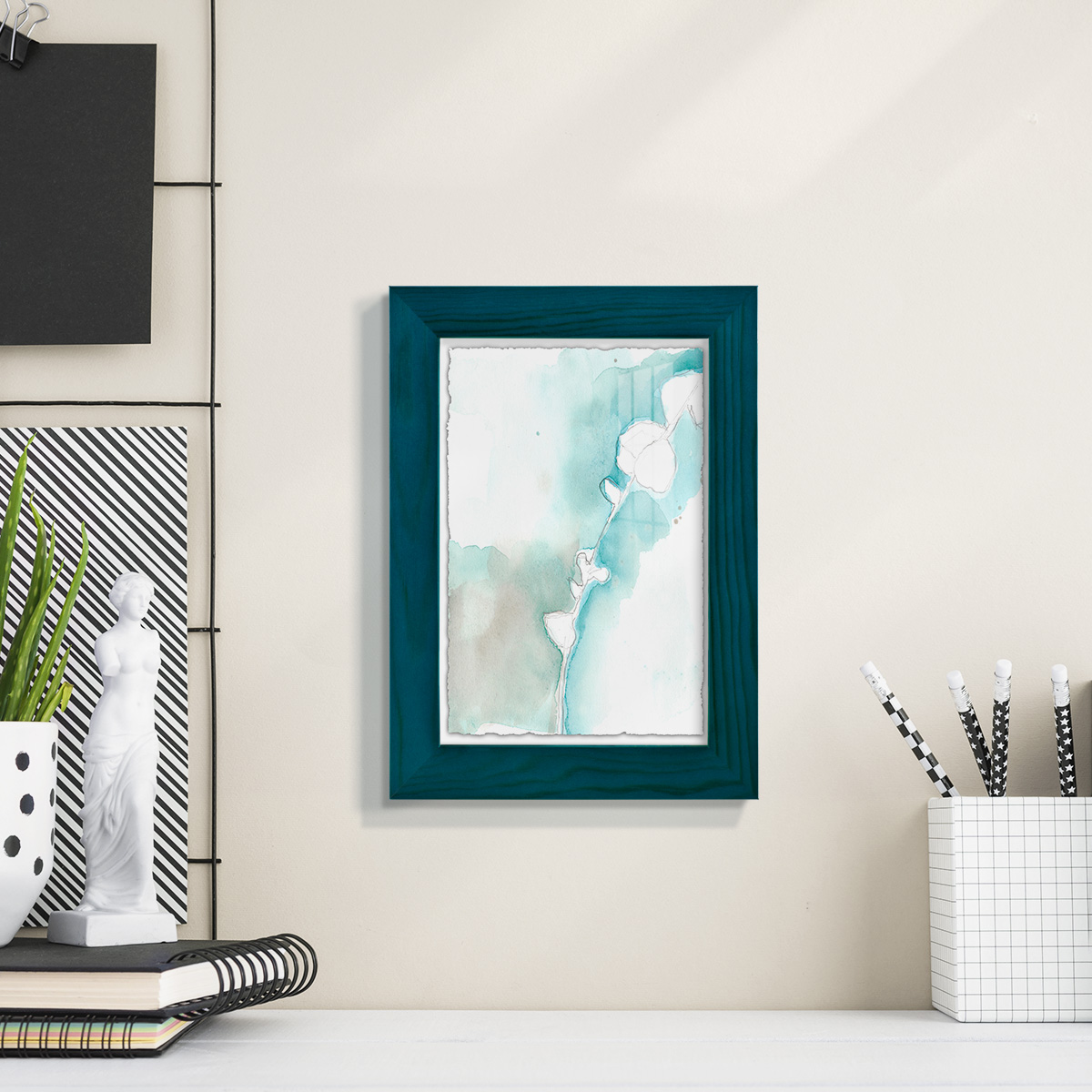 Ginkgo on Dusty Teal VII - Framed Print w/glass - Ocean Blue