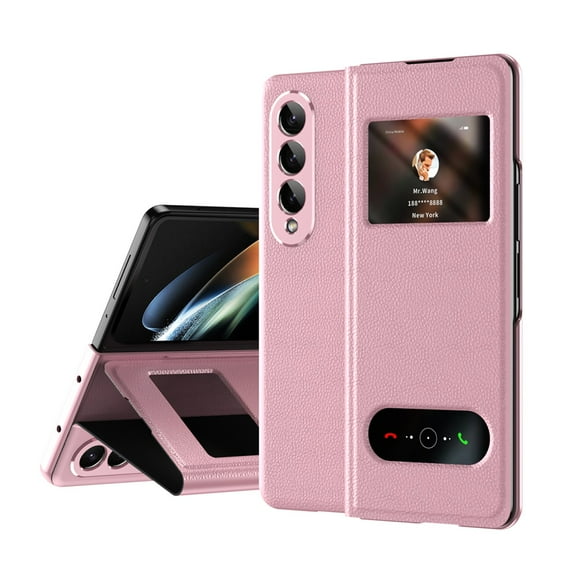 SaniMore for Samsung Galaxy Z Fold 4 7.6" Maghetic Flip Folding Case, Nappa Leather Case for with Hidden Kickstand Full Body Protective Cover for Samsung Z Fold 4 Ladies Men, Lychee Pink