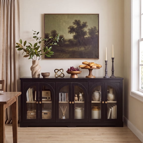 BFJDM 68 Inch Sideboard Buffet Cabinet with 6 Arched Glass Doors, Adjustable Shelves, Large Storage Credenza for Kitchen Dining Room, Black