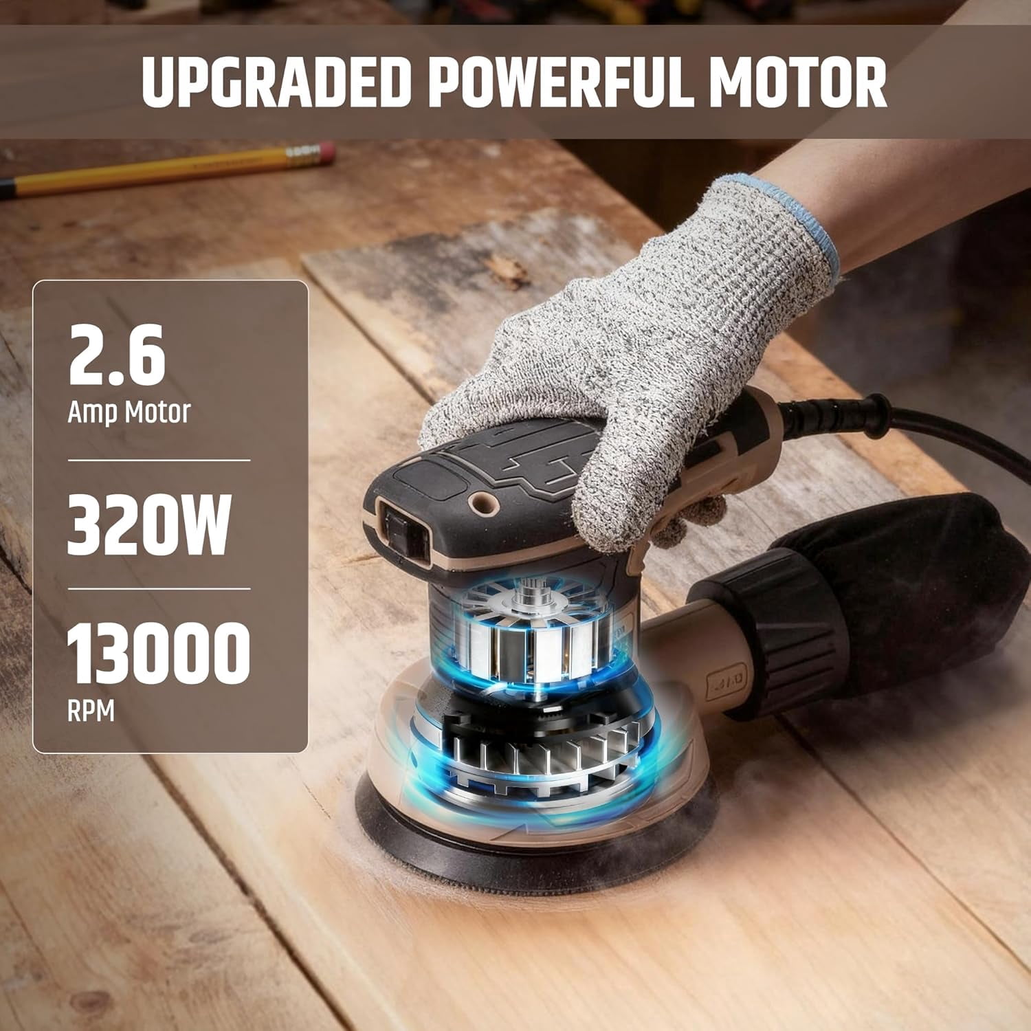 WOODSTARTER 320W, 2.6Amp 5-Inch Corded Random Orbital Power Sander, 13000RPM 6-Speed