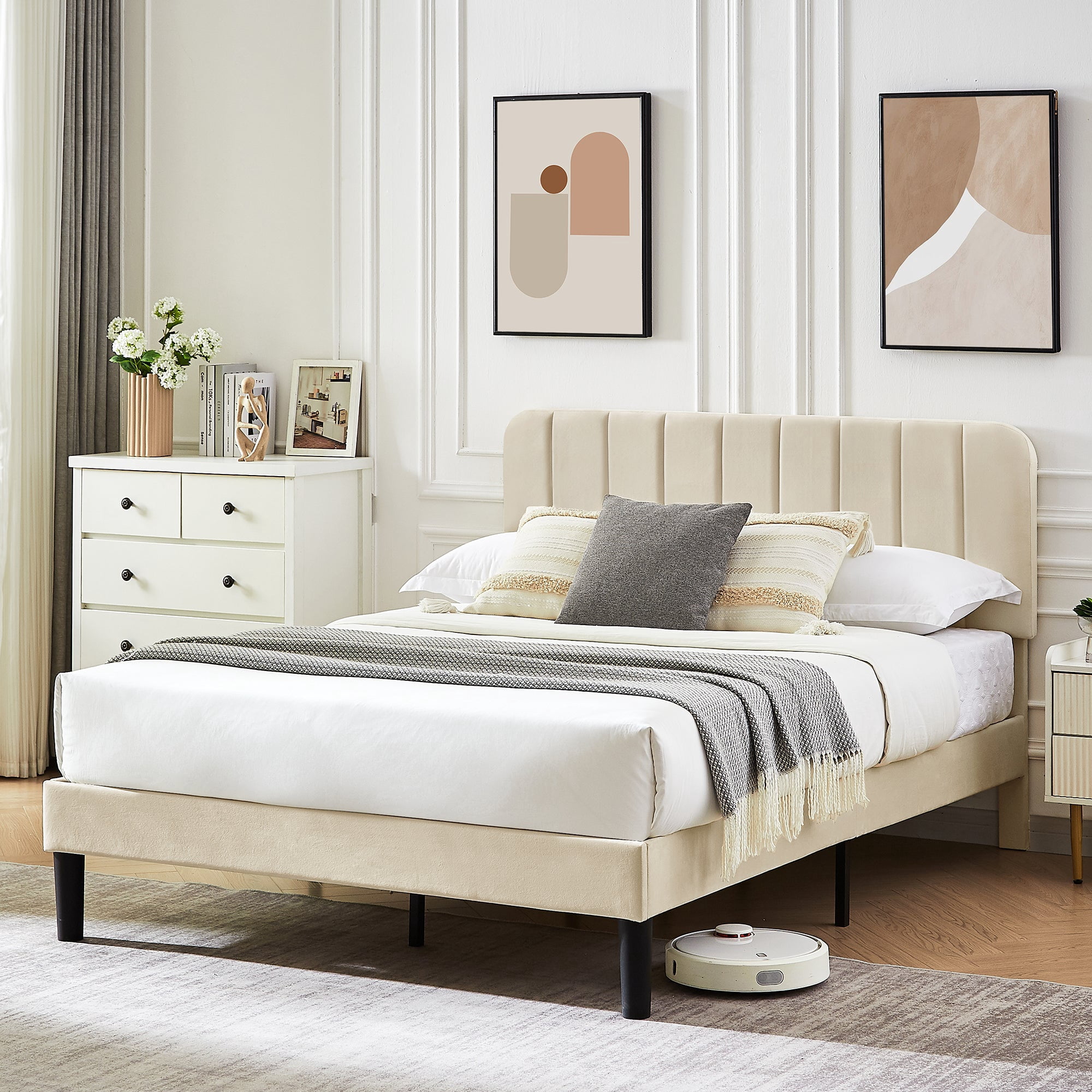 VECELO Full Size Bed Frame with Upholstered Headboard, Velvet Platform Bedframe Mattress Foundation, Strong Wood Slat Support, No Box Spring Needed,Velvet Beige