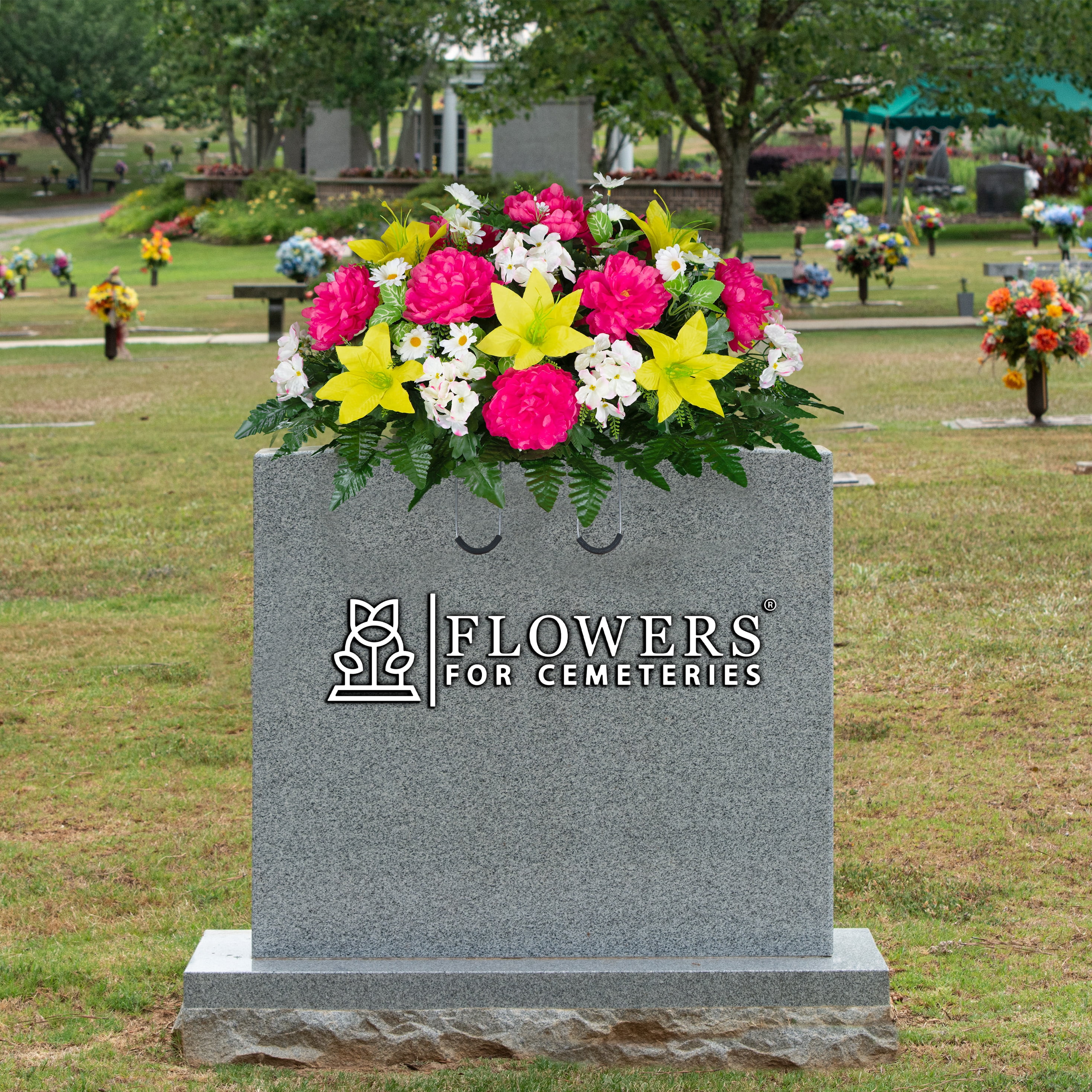 Sympathy Silks Artificial Cemetery Flowers Pink Peony and Yellow Lily Saddle for Headstone