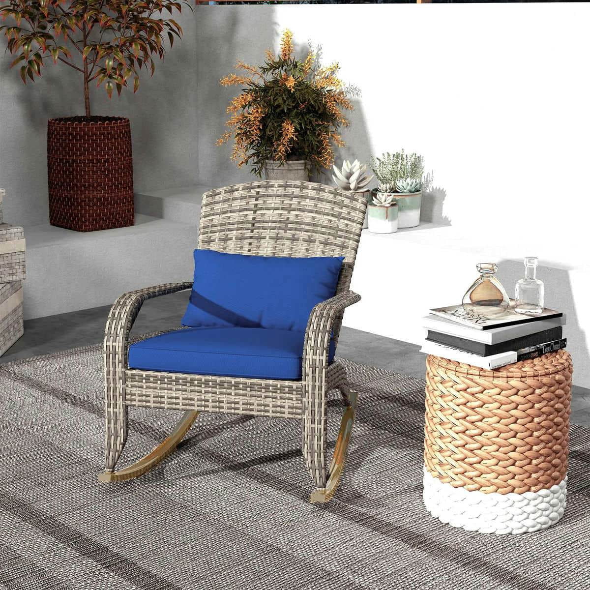 Yardi Yarda Adirondack Chair with High Back and Seat Cushion, Outdoor Wicker Rocking Chair with Pillow, Dark Blue