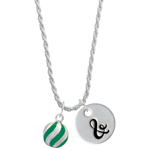 Delight Jewelry Silvertone 3-D Green Striped Ornament Silvertone Script Initial Disc - & - Charm Necklace, 20"+3"