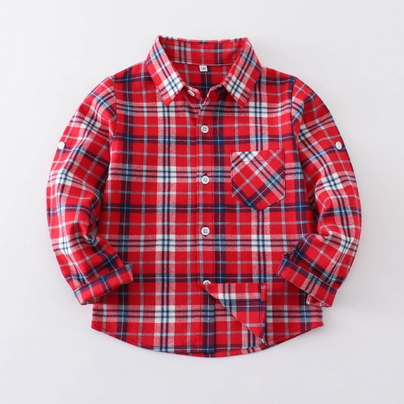Fall/Winter Saving! HVOBTTY Toddlers Tailored Short Shirt, Kids Fall and Winter Coats, Kids' Casual Comfortable Plaid Print Lapel Button Down Long Sleeve Shirts Jackets Red, 12-13Years
