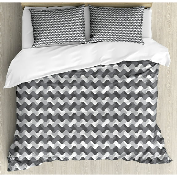 Grey Duvet Cover Set, Minimalist Gradient Wavy Flat Lines Various Color Influences Retro Print, Decorative 3 Piece Bedding Set with 2 Pillow Shams, Calking Size, Charcoal Grey, by Ambesonne
