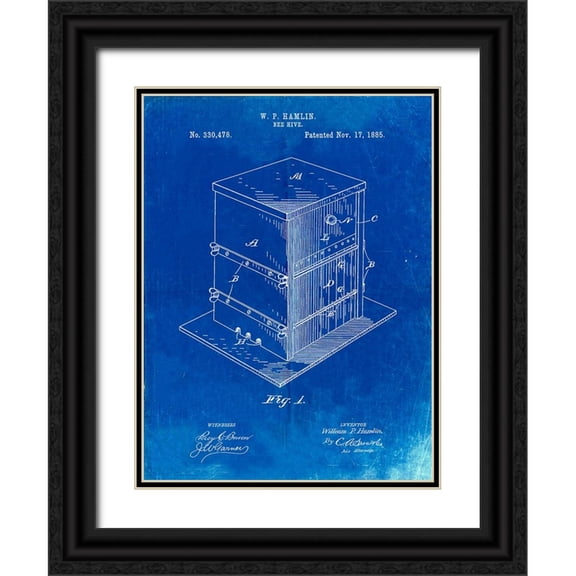 Borders, Cole 12x14 Black Ornate Wood Framed with Double Matting Museum Art Print Titled - PP724-Faded Blueprint Bee Hive Exterior Patent Poster