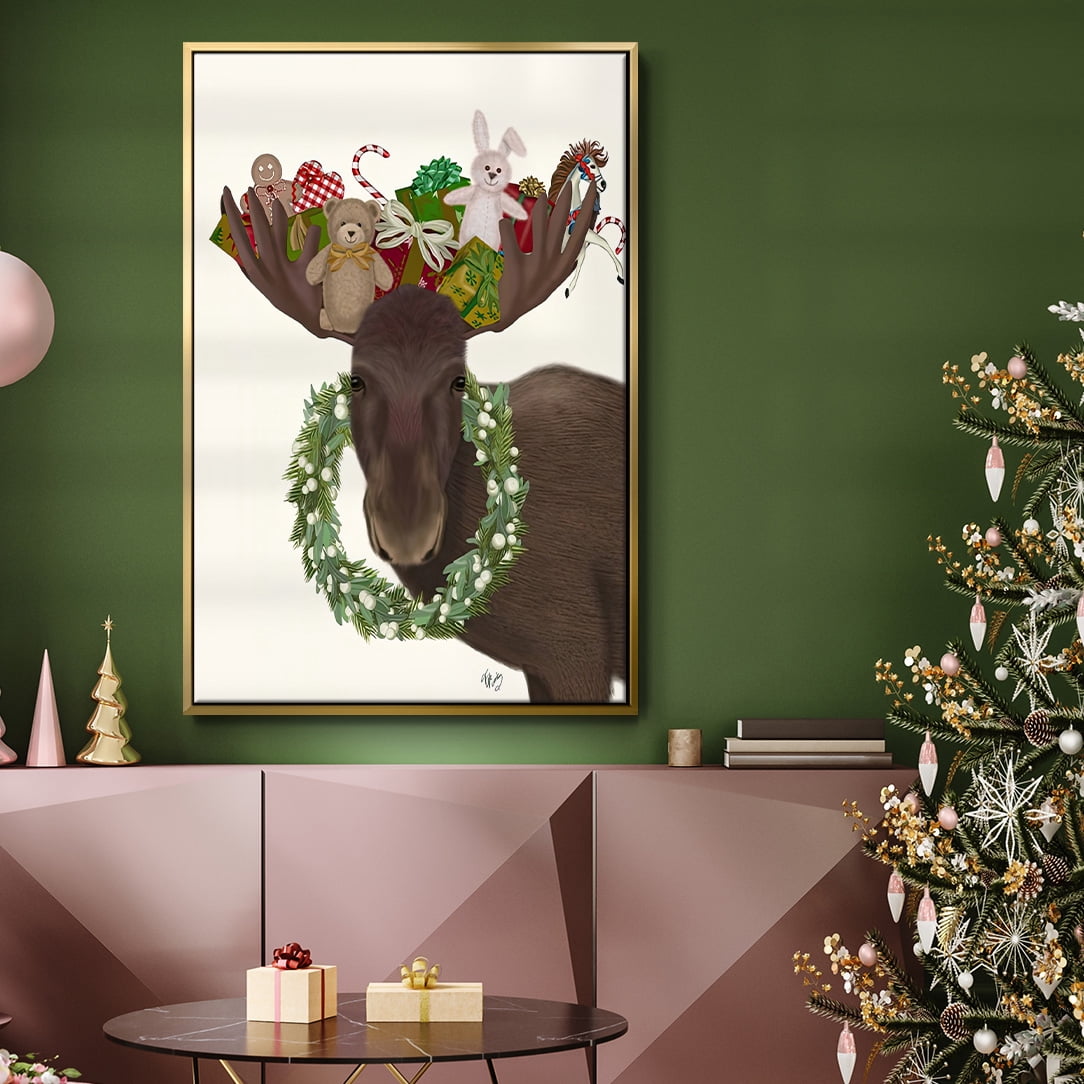 Christmas Moose and Christmas Gifts - Framed Gallery Wrapped Holiday Canvas - 27 x 41 - Gold Frame