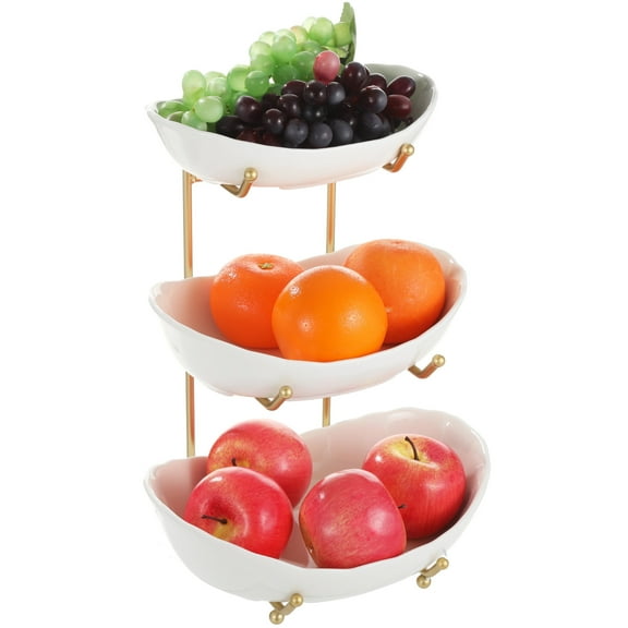 3-Tier Fruit Bowl with Stand, Ceramic Fruit Tray with Metal Rack, Snack Bowl for Countertop, Porcelain Dessert Serving Platter for Cakes, Nuts