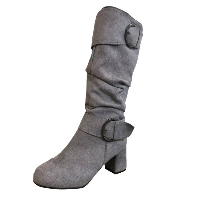 WEAIXIMIUNG Bottines Mode Femme Solide Automne Hiver Semelle Épaisse Talons Carrés Fermeture Éclair Mi-Hauteur Bout Rond Chaussures