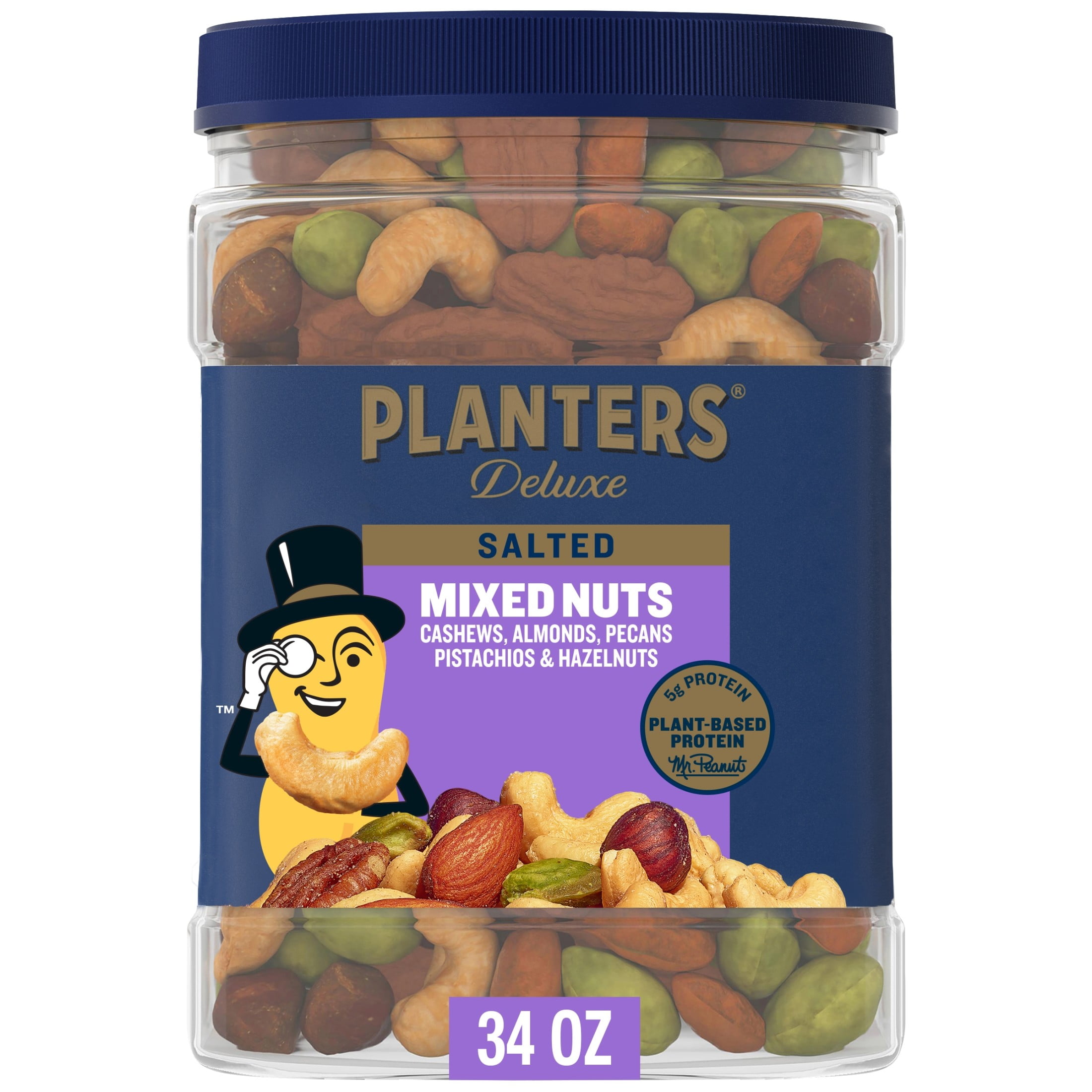 PLANTERS Deluxe Salted Mixed Nuts, Party Snacks, Plant Based Protein, 34 oz Plastic Jar