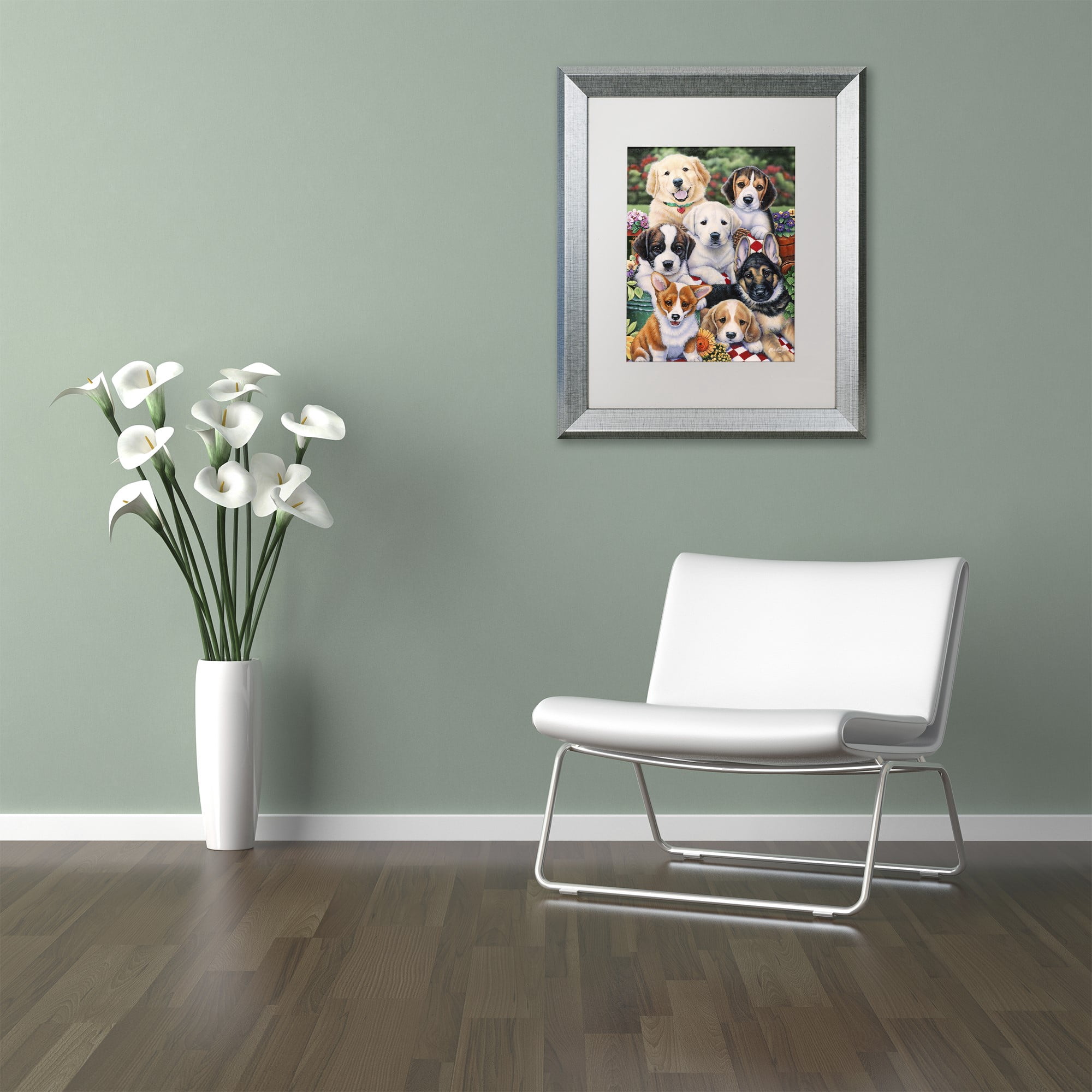 Trademark Fine Art 'Garden Puppies' Canvas Art by Jenny Newland, White Matte, Silver Frame
