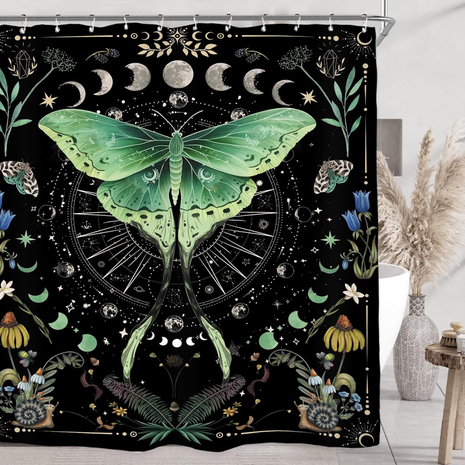 Moth Witchy Gothic Shower Curtain Set 71Wx71H Inches Moon Phase Teal Wildflower Plant Mysterious Night Moonlit Butterfly Botanical Tarot Polyester Bathroom Curtain with 12 Hooks