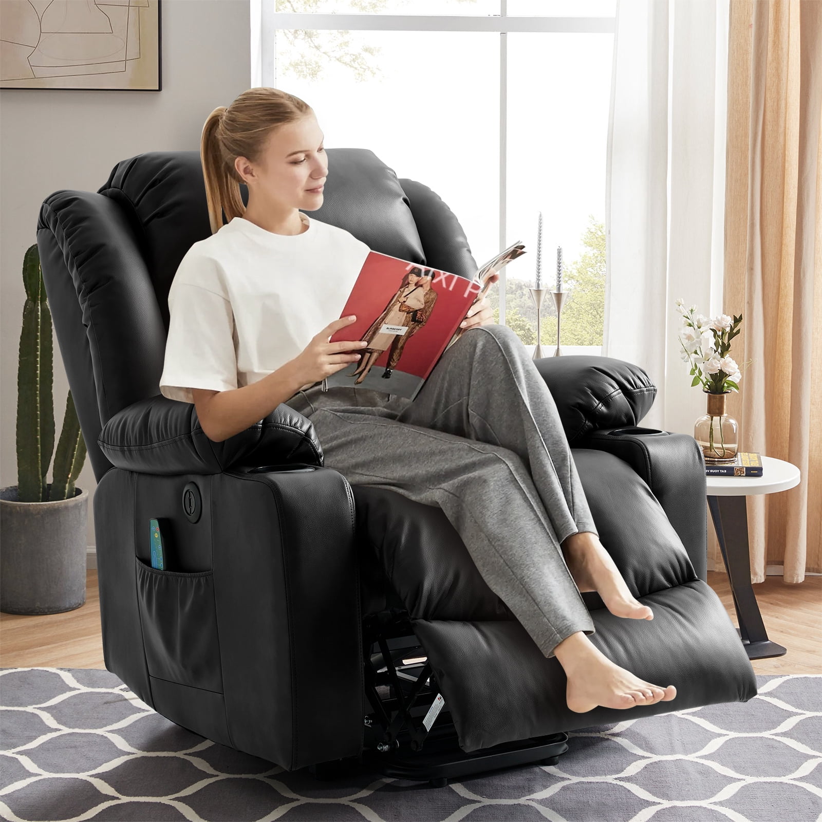 INGALIK Large Power Lift Recliner Chair with Heating and Massage, Breathable Leather Electric Lift Assist Recliner for Living Room with USB Charge, Cup Holders (Black)