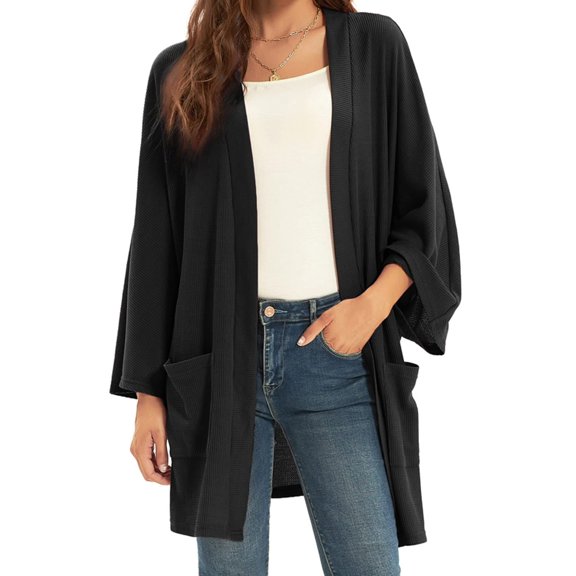 Grace Karin Women's Open Front Cardigan Oversized Waffle Knit Long Batwing Sleeve Sweaters with Pockets,Black