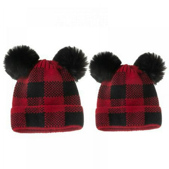 HESHENG Autumn Winter Christmas Mother Kids Plaid Hat for Girls Boys Warm Knitted Kids Beanie Elastic Family Parent Children Hats with Plush Ball (Mom & Baby)