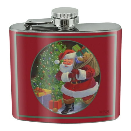

Christmas Holiday Santa Bag of Toys Tree Stainless Steel 5oz Hip Drink Kidney Flask