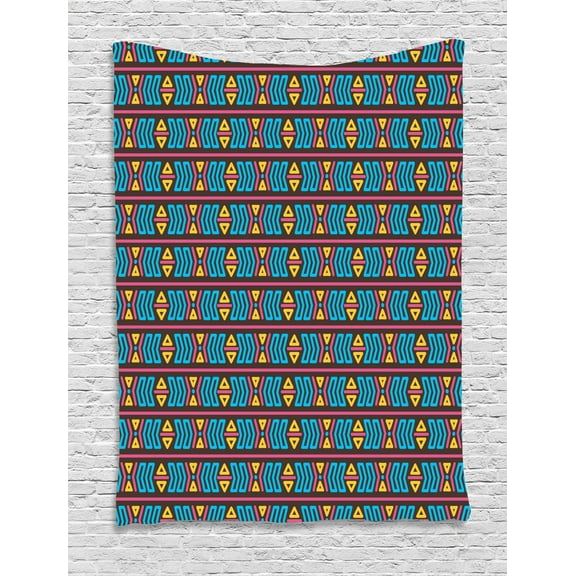 Aztec Tapestry, Tribal Motif Pattern with Indigenous Primitive Shapes Stripes and Triangles Print, Wall Hanging for Bedroom Living Room Dorm Decor, 60W X 80L Inches, Multicolor, by Ambesonne