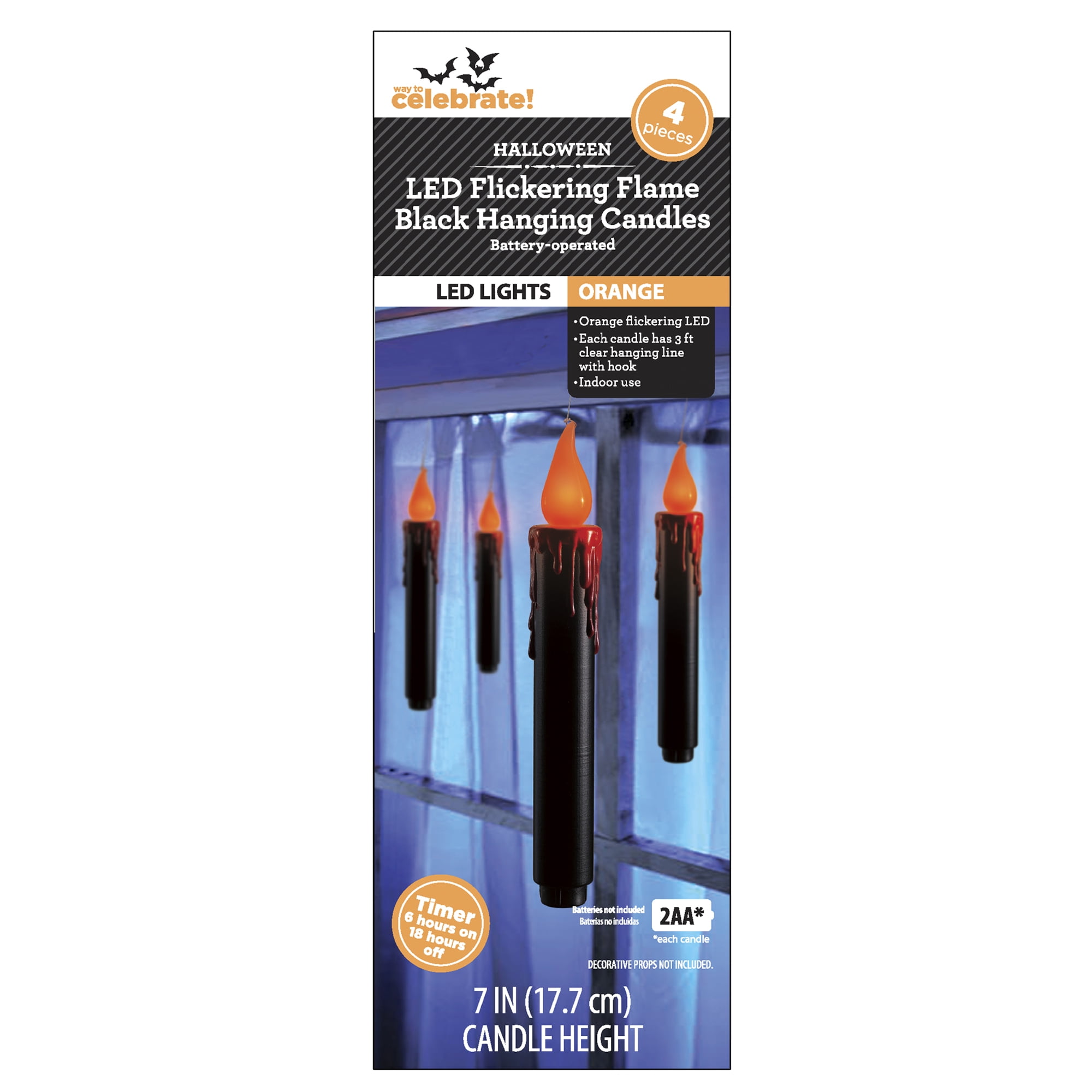 Black Hanging Candle Lights, 4PC, Orange LED Flickering Flame, Battery Operated, 7in, Halloween Indoor, by Way To Celebrate