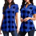 thumbnail image 3 of Tittly Button Down Shirts Womens Shirts Women Casual Plaid Printed Short Sleeve V-Neck Irregular Hem Blouse T-Shirt Tops Short Sleeve Shirts Tshirts Shirts Womens Tops Blue 3XL, 3 of 9
