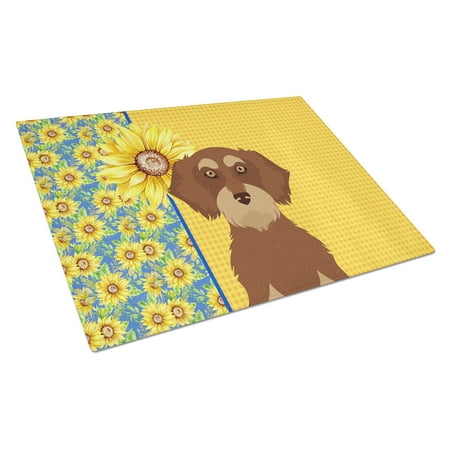 

Summer Sunflowers Wirehair Red and Tan Dachshund Glass Cutting Board Large 12 in x 15 in