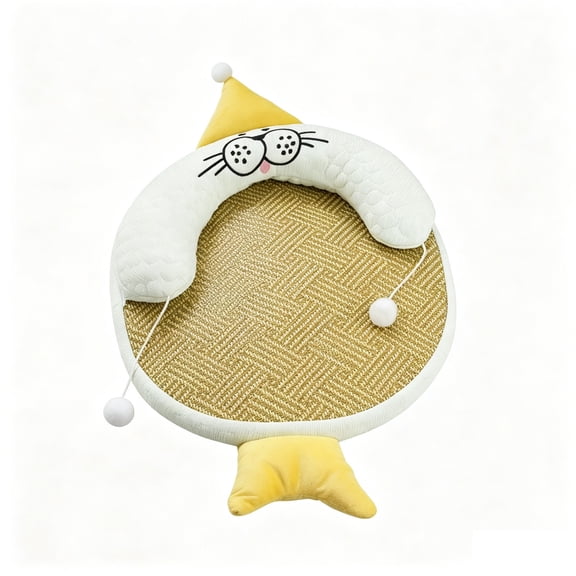 Fish Design Cat Cooling Bed Summer Rattan Sleeping Mat with Bolster Pillow & Toy Balls, Breathable Pet Pad for Sofa or Floor, Easy Wash Small Animal Nest for Hot Weather