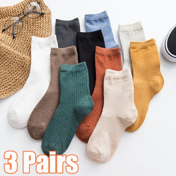 Cheers.US 3 Pairs Mid-Calf Socks Women Lady Girls Socks Winter Spring Slouch Boot Socks Crew Cotton Scrunch Socks Solid Color Cotton Breathable Soft Warm Middle Tube Socks