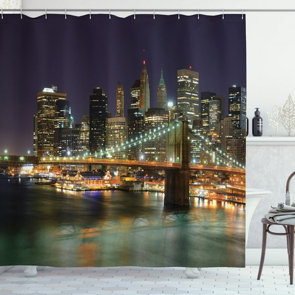 Ambesonne NYC Scene Shower Curtain, Nighttime Picturesque, 69"Wx70"L, Dark Purple Multicolor