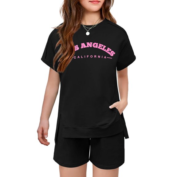 Arshiner Girls 2 Piece Outfit Summer Short Sleeve Loose Fit T-Shirt and Shorts Set Casual Activewear High-Low Hem Sweatshirt