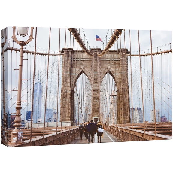 wall26 Canvas Print Wall Art People Walking on New York's Brooklyn Bridge Cities Building Photography Realism Bohemian Scenic Colorful Multicolor for Living Room, Bedroom, Office - 12"x18"